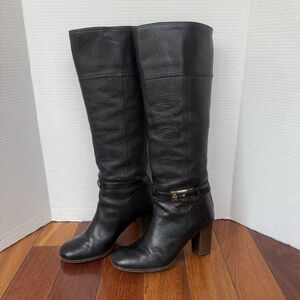 Tory Burch Jenna Leather Knee High Riding Boots Size:8 Black Square Toe
